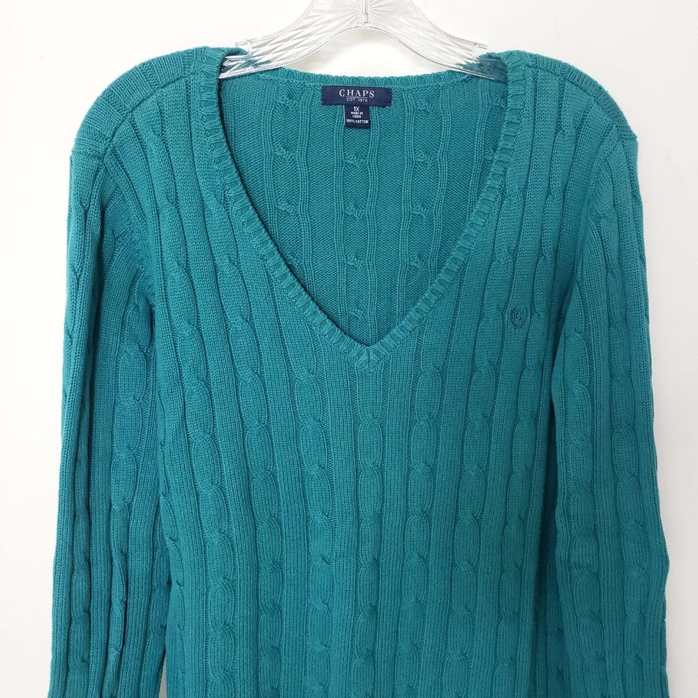 Chaps Women's Emerald Green V Neck Long Sleeve Cable Knit Top Sweater - Picture 2 of 10